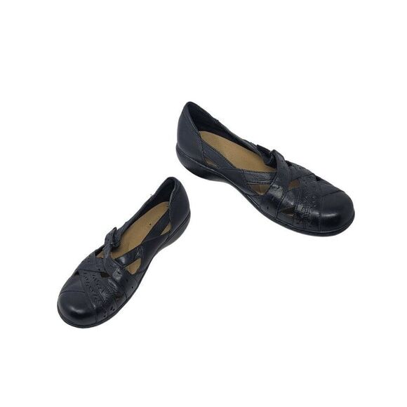 Y2K Clarks Bendables Leather Mary Janes 9.5 Black Flats Dark Academia Comfort - Picture 1 of 11